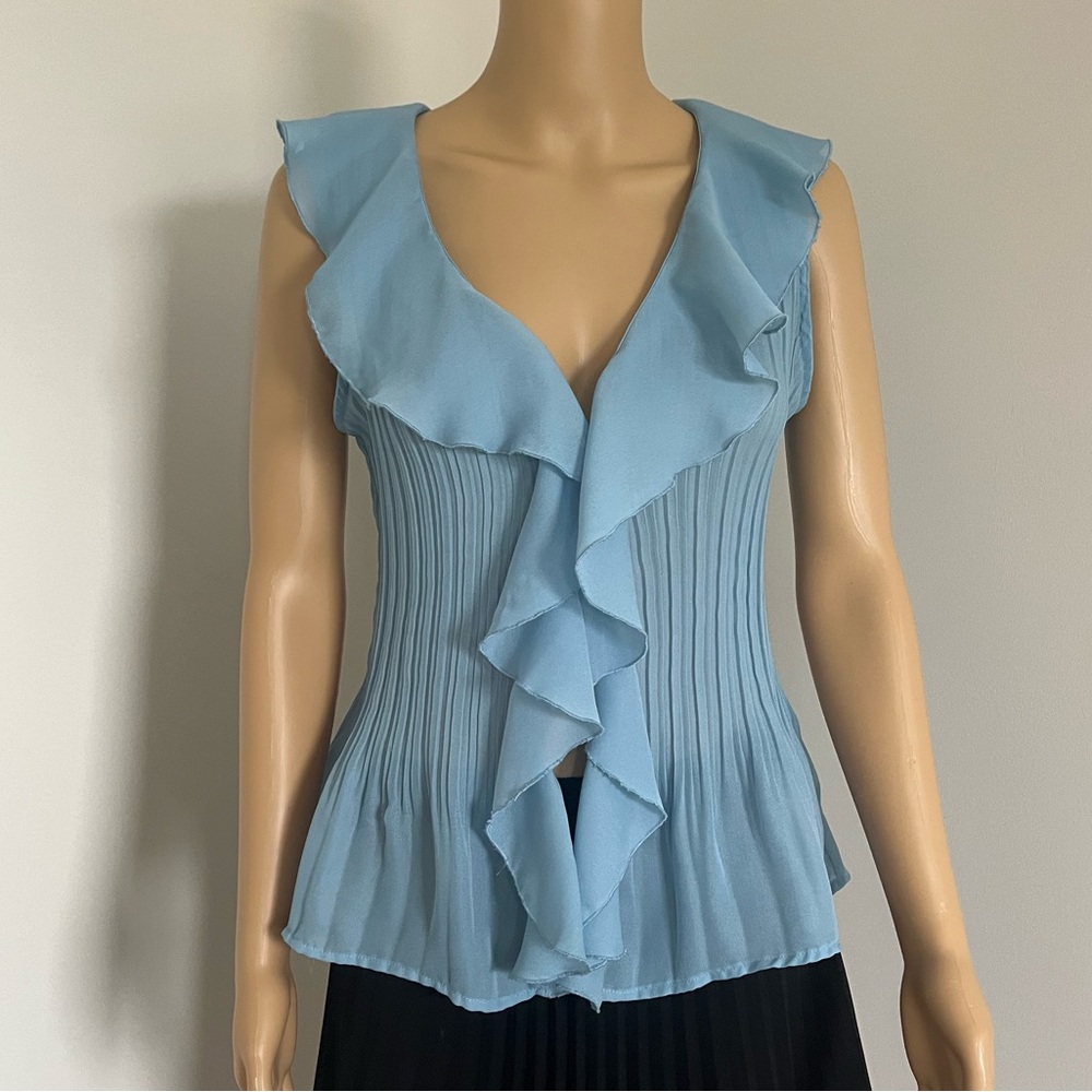 Baby blue Sunny Leigh sleeveless blouse with ruffles